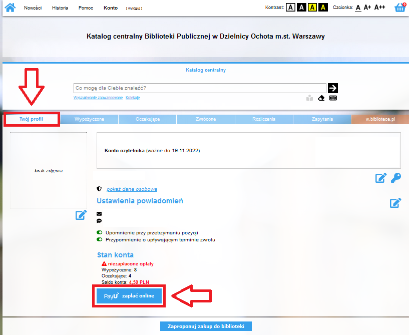 Okno przeglądarki z kontem czytelnika. Zaznaczona nazwa zakładki twój profil i przycisk PayU płatność online.