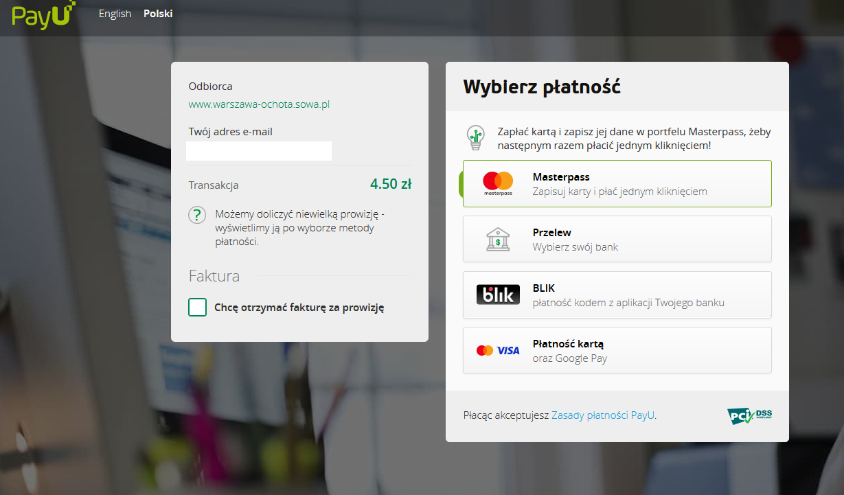 Okno PayU z wyborem metody płatności.
