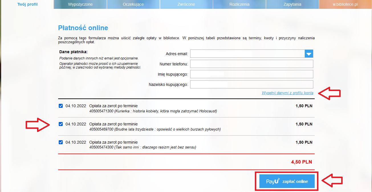 Okno przeglądarki z widokiem na konto czytelnika.