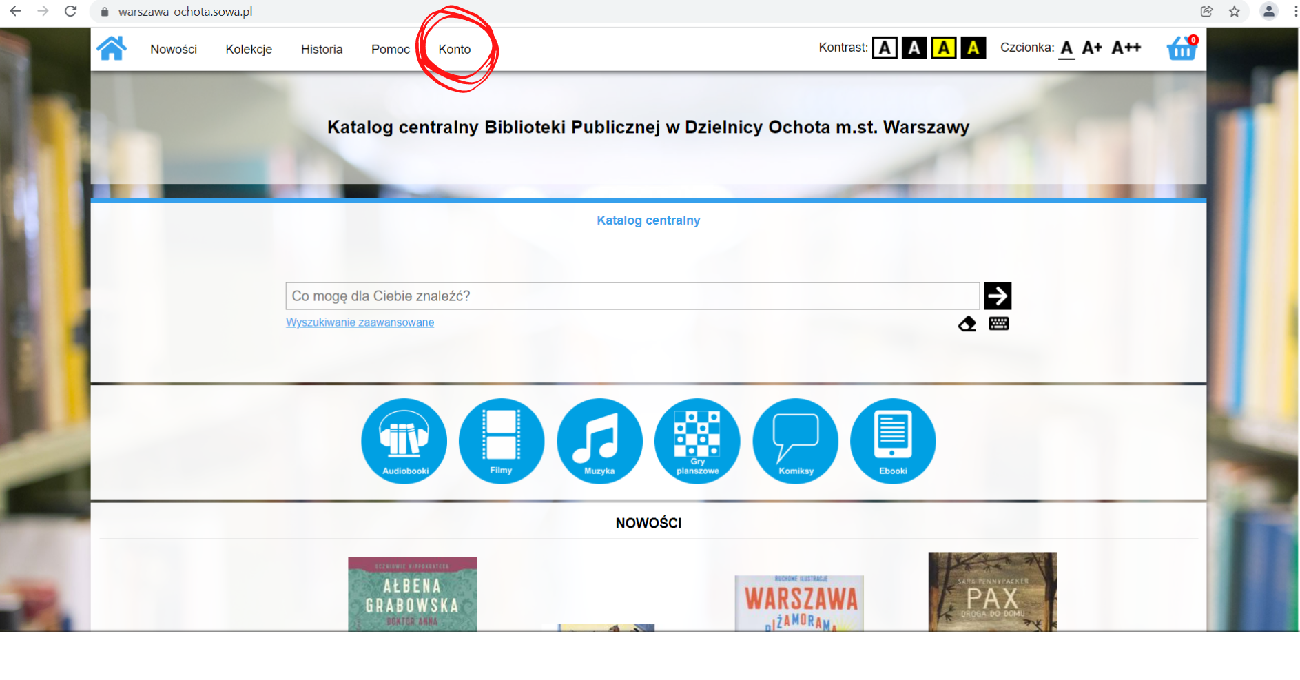 Widok na stronę katalogu Biblioteki. Zaznaczony przycisk "Konto".