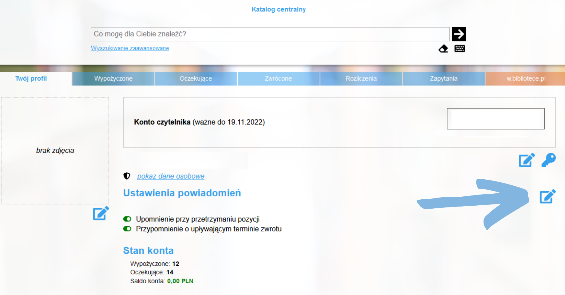 Zrzut ekranu z widokiem na panel czytelnika po zalogowaniu się na konto.