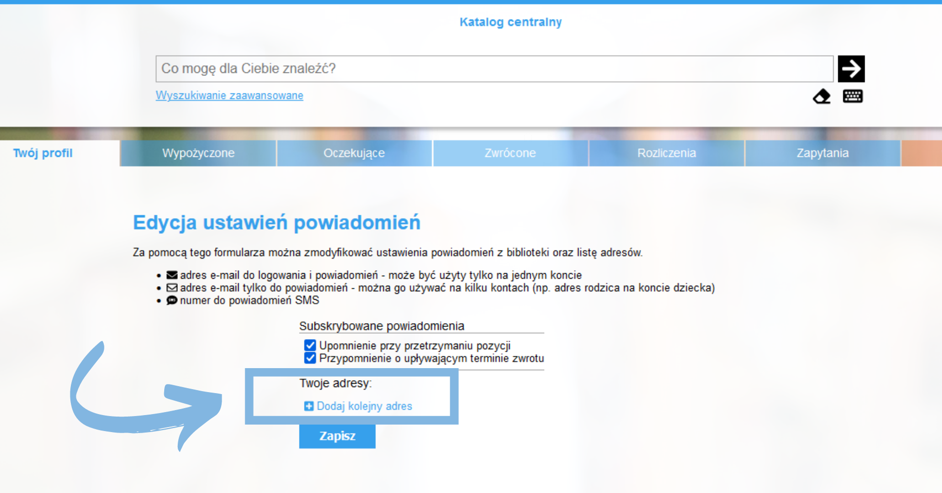 Zrzut ekranu z widokiem na panel, w którym czytelnik może edytować swoje dane.