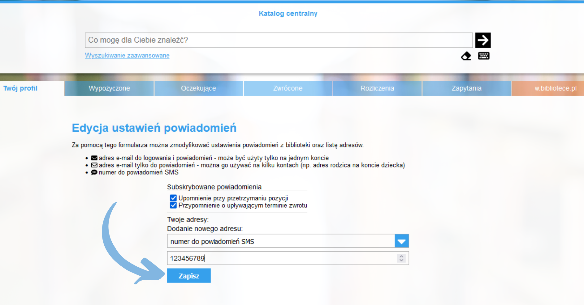 Zrzut ekranu z konta czytelnika, pokazujący jak dodać numer telefonu.